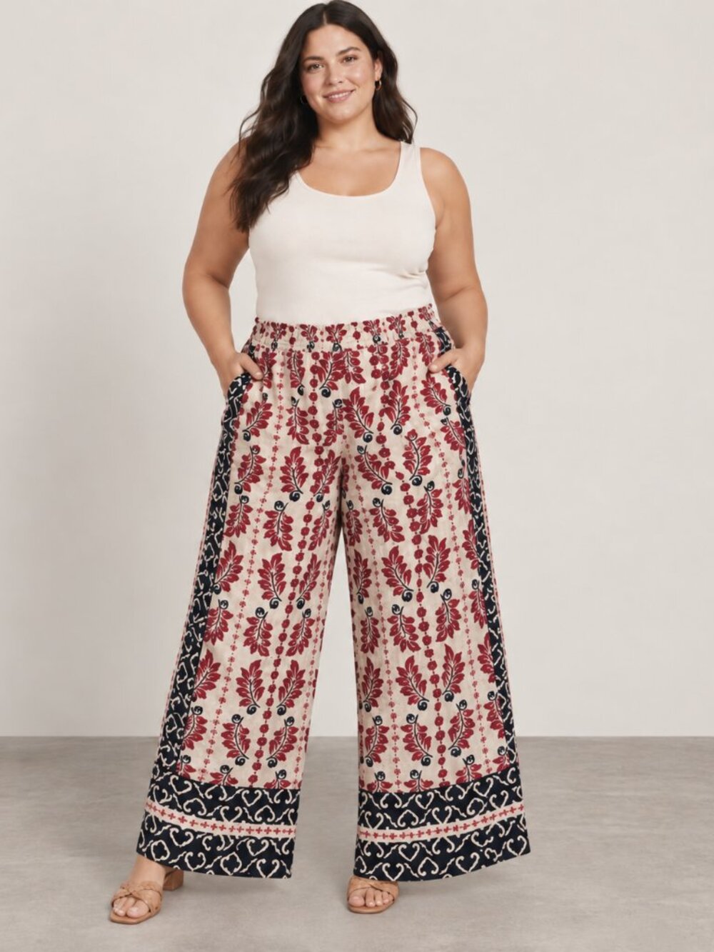 Talbots XL Red Navy Floral Wide Leg Pull On Pants Boho